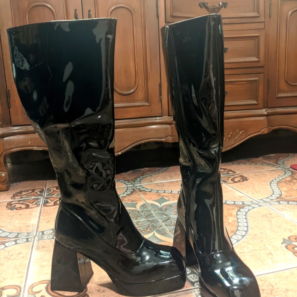 NEW PU black knee high GOGO boots square toe platform